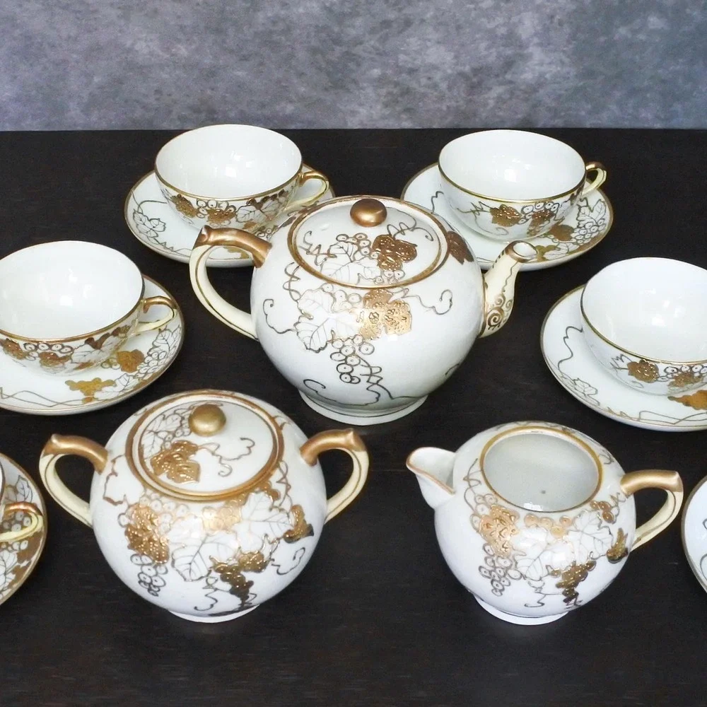 Antique Japanese T.S. Nippon Porcelain Gold Moriage Grape Leaf Tea Set